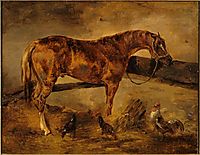 Study for Horse turned right with three hens and a rooster, gericault