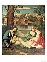 Youth with a guitar and two girls sitting on a river bank , giorgione