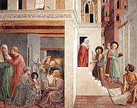 Birth of St. Francis, Prophecy of the Birth by a Pilgrim, Homage of the Simple Man, 1452, gozzoli