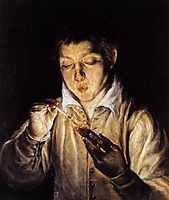 A boy blowing on an ember to light a candle, c.1570, greco