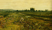 An Extensive Meadow Landscape with Geese by a Stream, grimshaw
