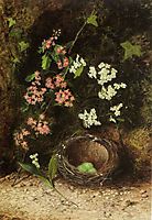 Still Life of Birds Nest with Primulas and Blossom, 1869, grimshaw