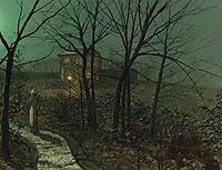 Woman on a path by a cottage, grimshaw