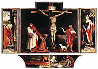 The first view of the altar: St. Sebastian (left), The Crucifixion (central), St. Anthony (right), Entombment (bottom), 1515, grunewald