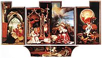 View with open wings: Annunciation (left), Concert of Angels (central left), Nativity (cental right), Resurrection (right), 1515, grunewald