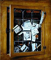A trompe l-oeil of an open glazed cupboard door, with numerous papers and objects, 1666, gysbrechts