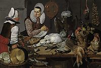 A Kitchen Interior with a Maid and a Lady Preparing Game, 1630, hals