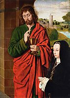 Anne of France, Lady of Beaujeu, Duchess of Bourbon, presented by St. John the Evangelist, right hand wing of a triptych, 1492, hey
