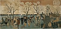 Japanese triptych print showing Japanese and foreign people walking along the Sumida River among cherry trees in full bloom, hiroshige