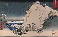 Shrines in snowy mountains, hiroshige
