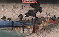 Two men on a sloping road in the rain, hiroshige