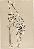 Drawing of Man Resting on Axe and Carrying Part of Tree Trunk on His Back, hokusai