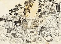 Four women working very hard and carrying vats of water, hokusai