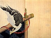 Hawk on a ceremonial stand, hokusai