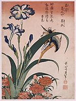 Kingfisher, carnation, iris, 1834, hokusai