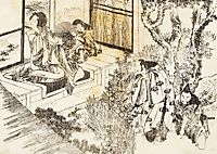 A man is watching a beautiful woman, hokusai