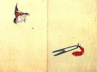 Pair of sissors and sparrow, hokusai