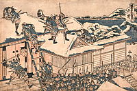 The ronin attack the principal gate of Kira-s mansion, hokusai
