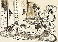 Scene of housekeeping. Four women are working, hokusai