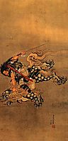 Shoki riding a shishi lion, hokusai