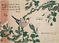 Sparrow and magnolia, hokusai