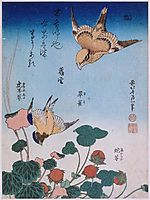 Swallow and begonia and strawberry pie , 1834, hokusai