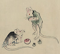 Two mice, one lying on the ground with head resting on forepaws, hokusai