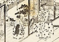 A well educated boy pays respect to an older man, hokusai
