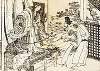 A woman in shinto shrine has a stick with a lot of paper leaves, hokusai
