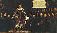 Henry VIII handing over a charter to Thomas Vicary, commemorating the joining of the Barbers and Surgeons Guilds, 1541, holbein