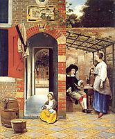 Figures Drinking in a Courtyard, 1658, hooch