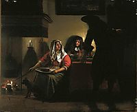 Interior with Two Gentleman and a Woman Beside a Fire, hooch