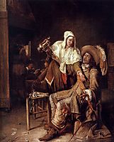 Tavern scene with maid trying to fill the glass of a cavalier (The Empty Glass), c.1652, hooch