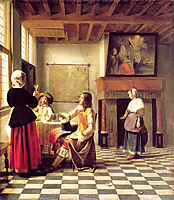 A Woman Drinking with Two Men and a Serving Woman, 1658, hooch