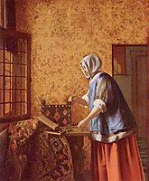Woman weighing gold coins, c.1664, hooch
