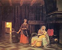 Woman with infant, serving maid with child, c.1663, hooch