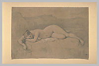 Naked woman lying on a rock, ingres