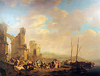 Landscape with coast and ruin , jacobvanstrij