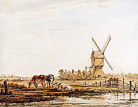 Landscape with mill and cattle , jacobvanstrij