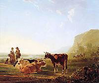 Landscape with resting cows, jacobvanstrij