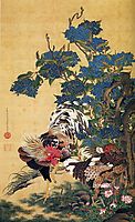 Rooster and Hen with Hydrangeas, jakuchu