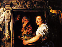 Servant with a fruit basket and a pair of lovers, jordaens