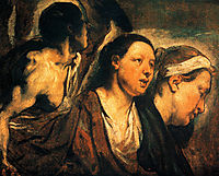 Study of two female heads and torso of a warrior, 1623, jordaens