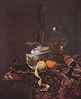 Still life with glassware and porcelain covered bowl, 1662, kalf