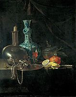 Still Life with a Pilgrim Flask, Candlestick, Porcelain Vase and Fruit, kalf