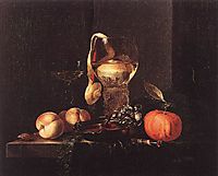 Still-Life with Silver Bowl, Glasses, and Fruit, 1658, kalf