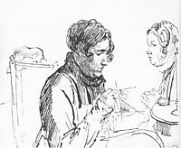 Knitting. Two women at the table, 1816, kiprensky