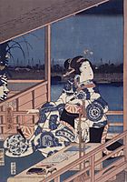 Moonlight View of Tsukuda with Lady on a Balcony, kunisada