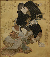 Portrait of the actor Ichikawa Danjuro VII in the role of Jiraiya, the thief and the magician. He wears a black kimono with large gray dots., 1850, kunisada