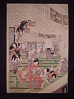Ronins attack on the house of lord Kira (left panel of a triptych), kunisada
